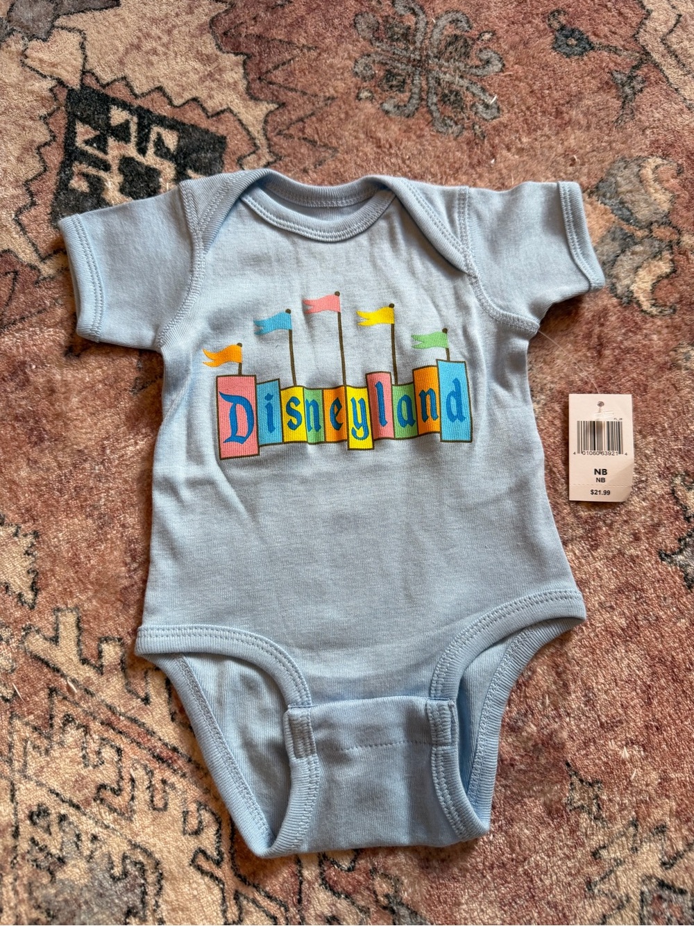 Disney Light Blue Baby One-Piece Bodysuit with Multicolor Logo *NWT*